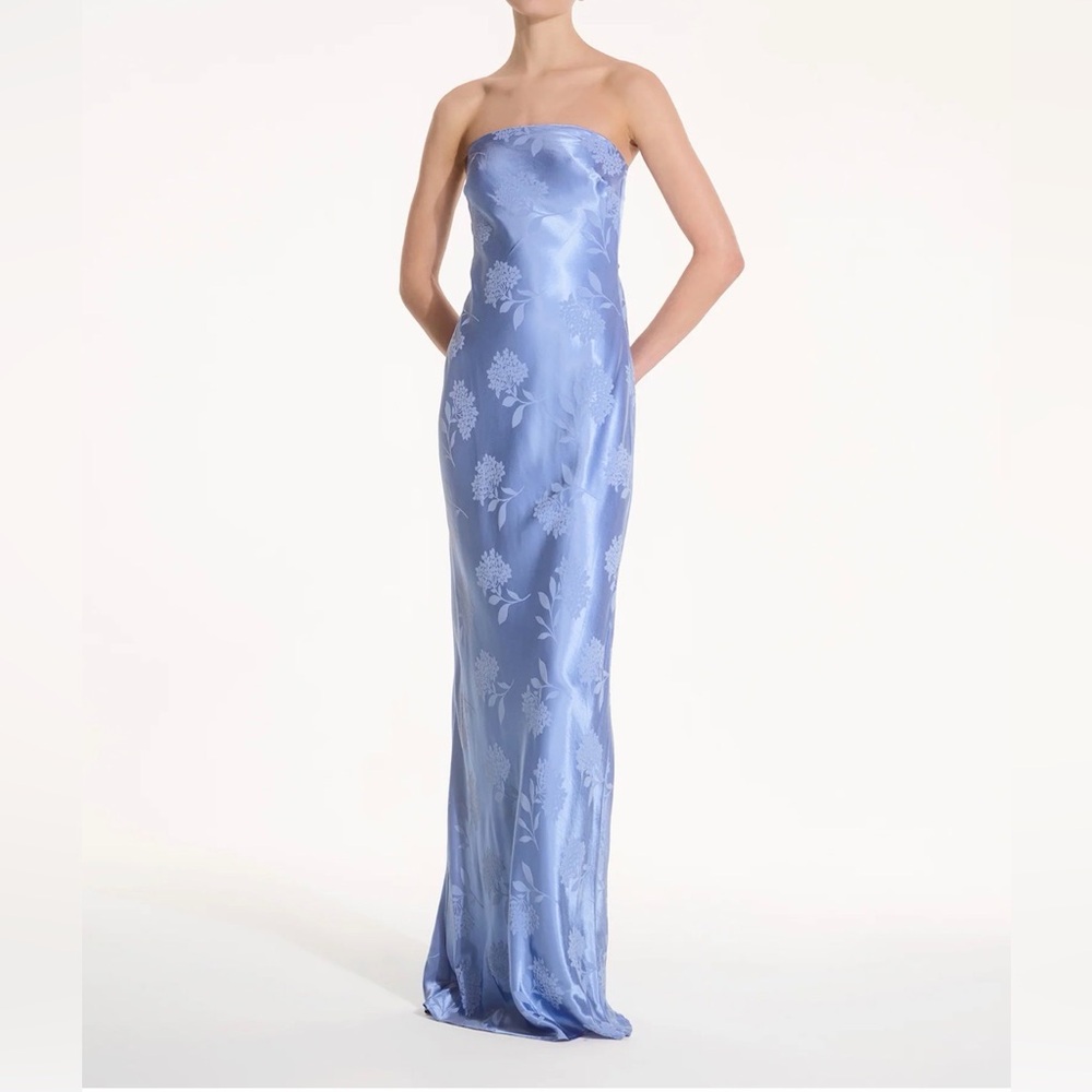 OMNES Andra Blue Maxi Dress- NWOT Strapless Jacquard Fabric bridesmaid dress